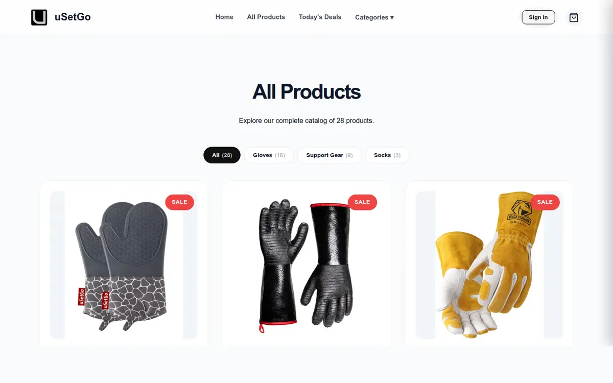 uSetGo catalog: 28 products, category filters, sale badges
