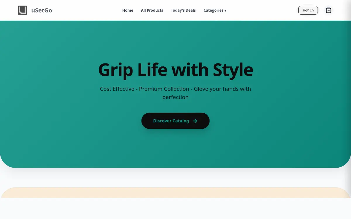 uSetGo storefront homepage: Grip Life with Style hero, branded teal palette
